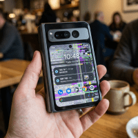 Foldable smartphone held in hand showing a screen with multicolored pixel distortion and error lines