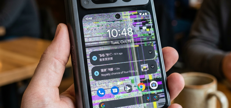 Foldable smartphone held in hand showing a screen with multicolored pixel distortion and error lines