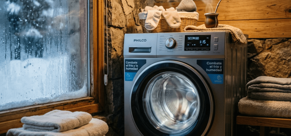 Front-loading washing machine in a rustic stone and wood room with folded towels, winter socks, and a sleeping cat
