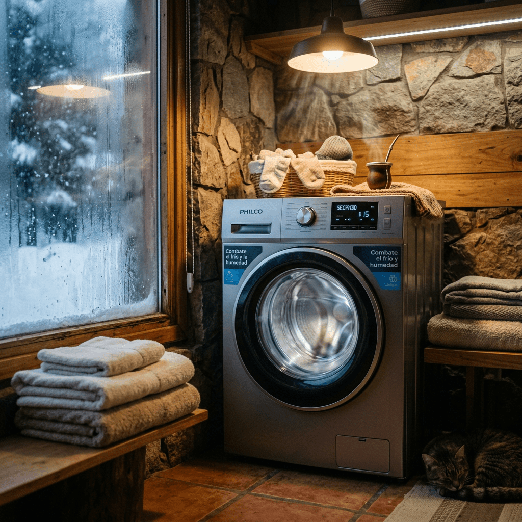 Front-loading washing machine in a rustic stone and wood room with folded towels, winter socks, and a sleeping cat