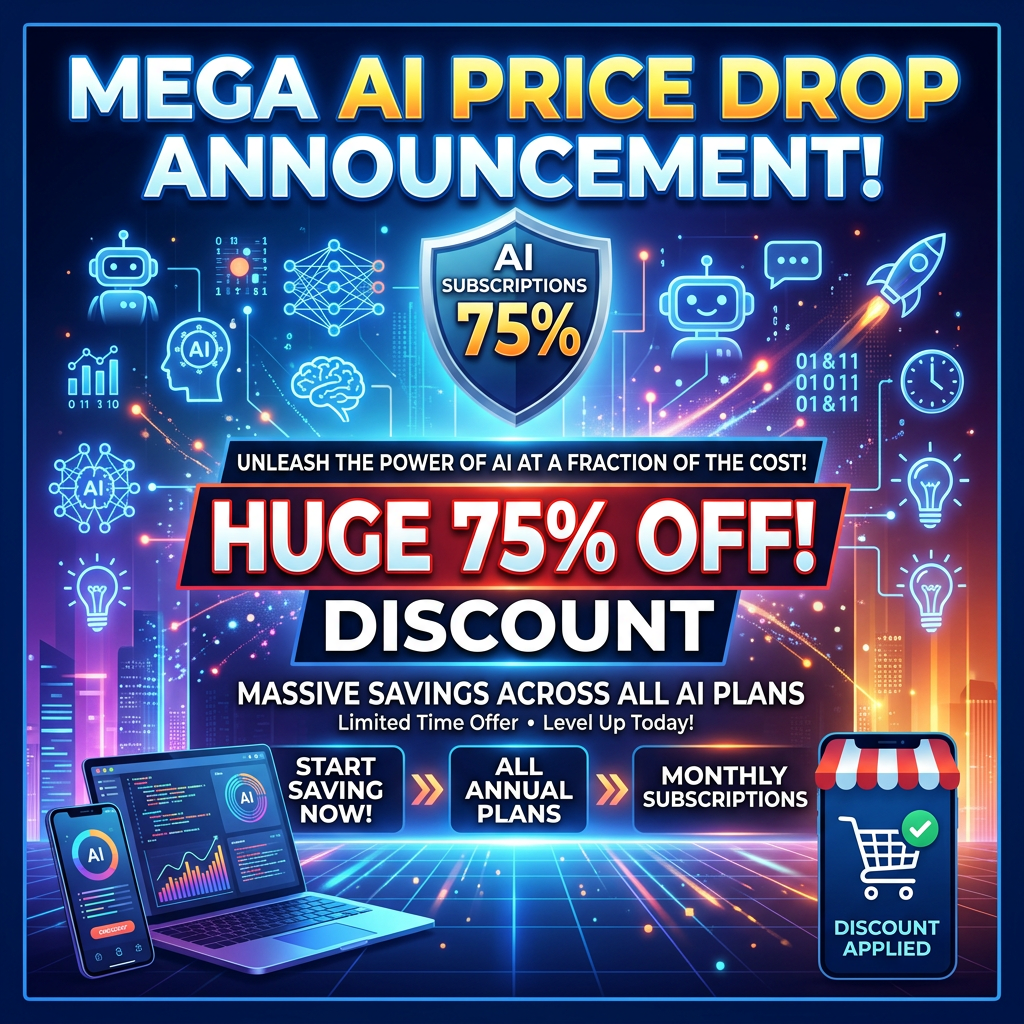 Mega AI price drop announcement offering 75% off on AI subscriptions