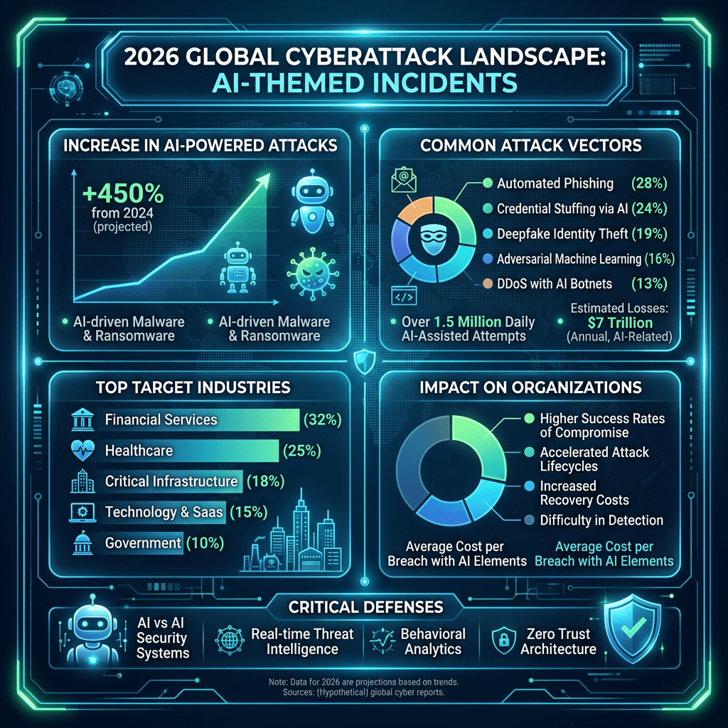 2026 global cyberattack landscape showing AI-powered attack increase, common vectors, target industries, impacts, and defenses