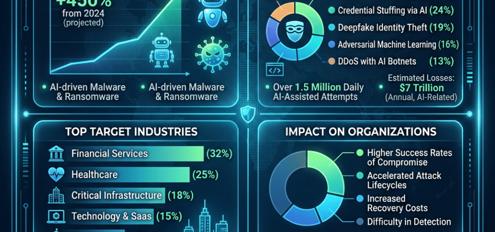 2026 global cyberattack landscape showing AI-powered attack increase, common vectors, target industries, impacts, and defenses