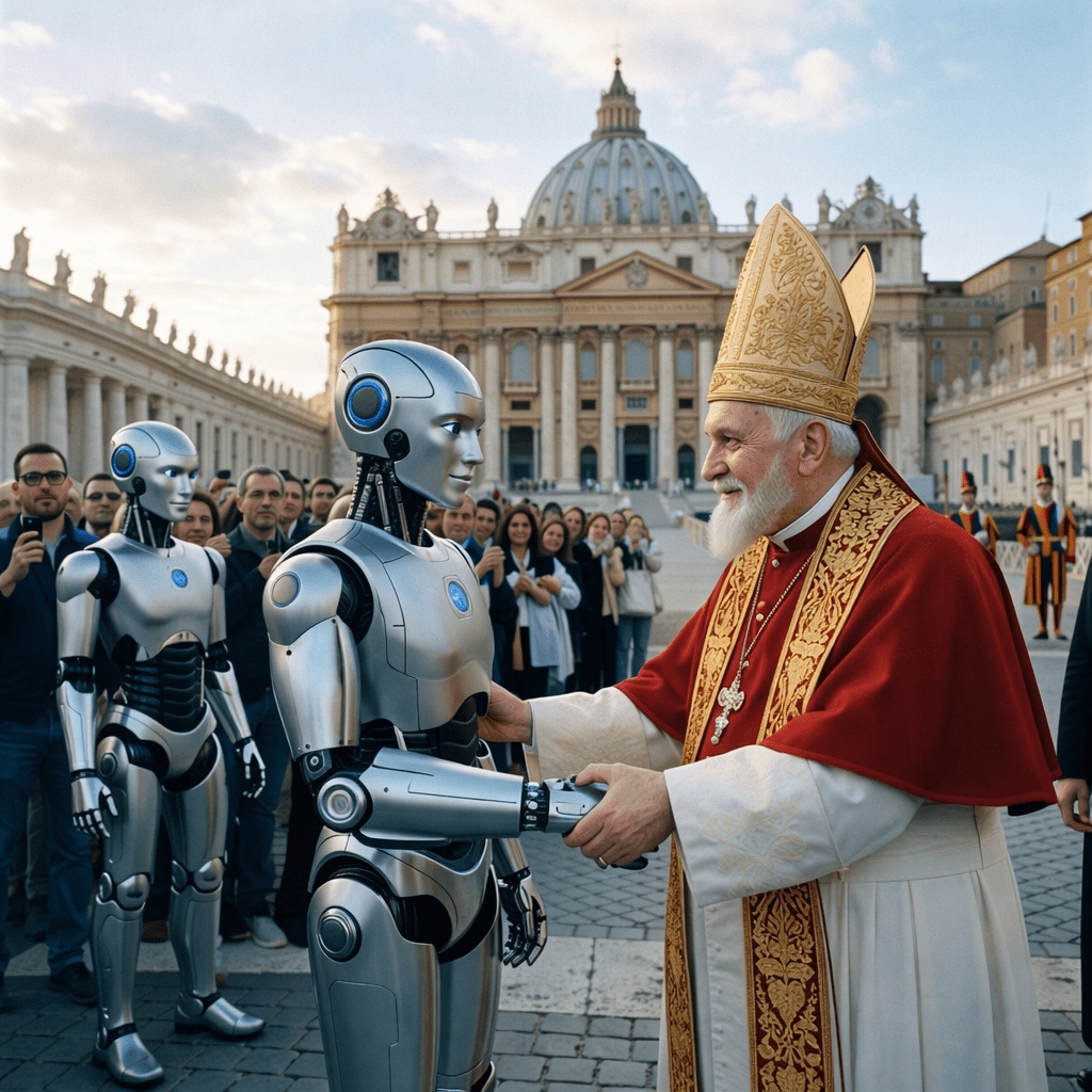 Pope Francis shaking hands with a silver humanoid robot in front of St. Peter's Basilica