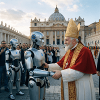 Pope Francis shaking hands with a silver humanoid robot in front of St. Peter's Basilica