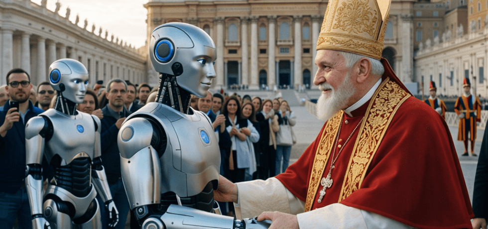 Pope Francis shaking hands with a silver humanoid robot in front of St. Peter's Basilica
