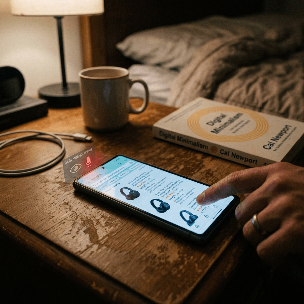 Hand using smartphone to browse headphones online with digital data mining alert