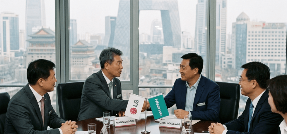 Executives from LG and Hisense shaking hands at a meeting table with nameplates and company flags