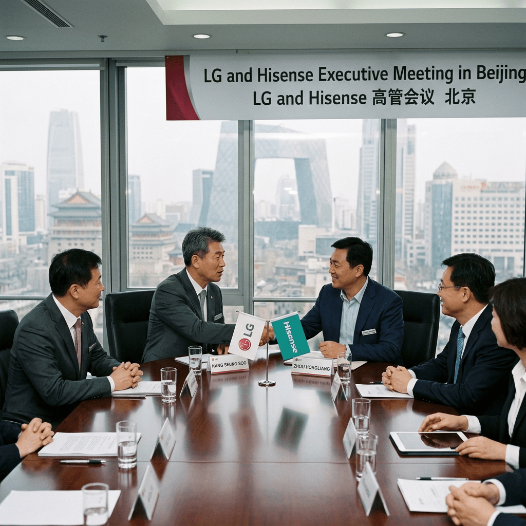 Executives from LG and Hisense shaking hands at a meeting table with nameplates and company flags