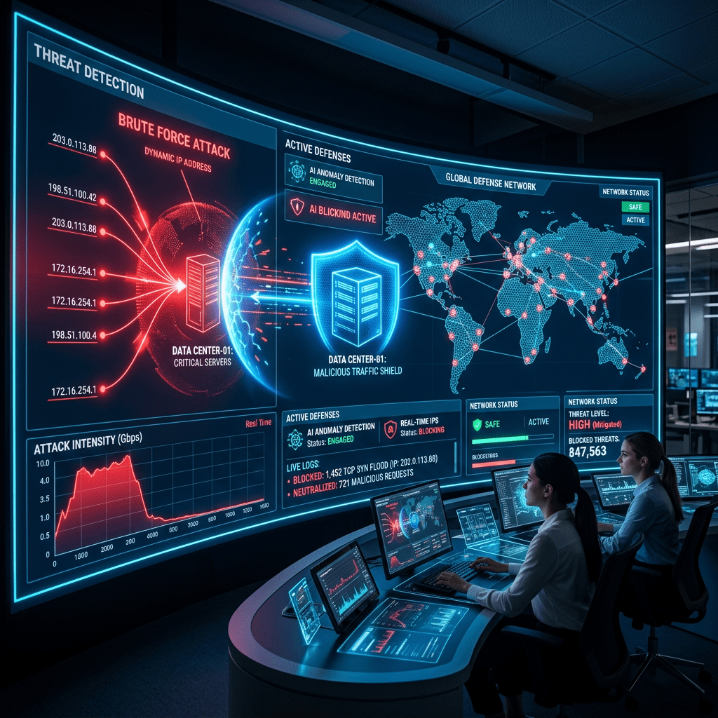 Two cybersecurity analysts tracking a global brute force attack on multiple displays in a dark control room