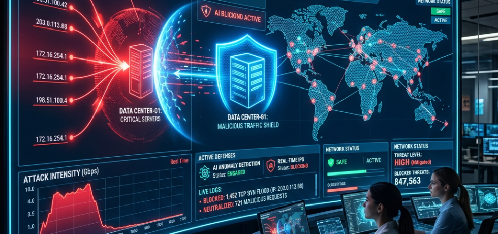 Two cybersecurity analysts tracking a global brute force attack on multiple displays in a dark control room