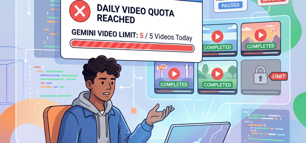 Alert showing daily video quota reached with 5 out of 5 videos processed on Gemini interface