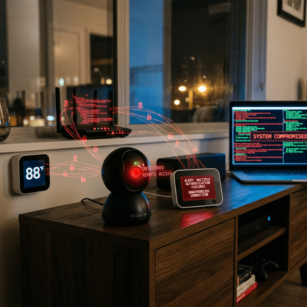 Home smart devices displaying cybersecurity alerts and system compromised messages