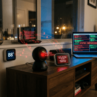 Home smart devices displaying cybersecurity alerts and system compromised messages