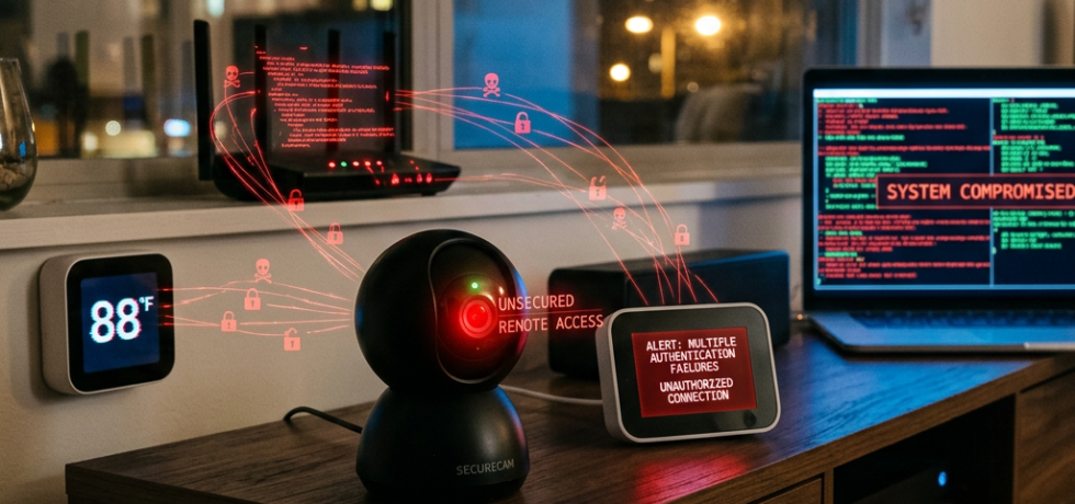 Home smart devices displaying cybersecurity alerts and system compromised messages