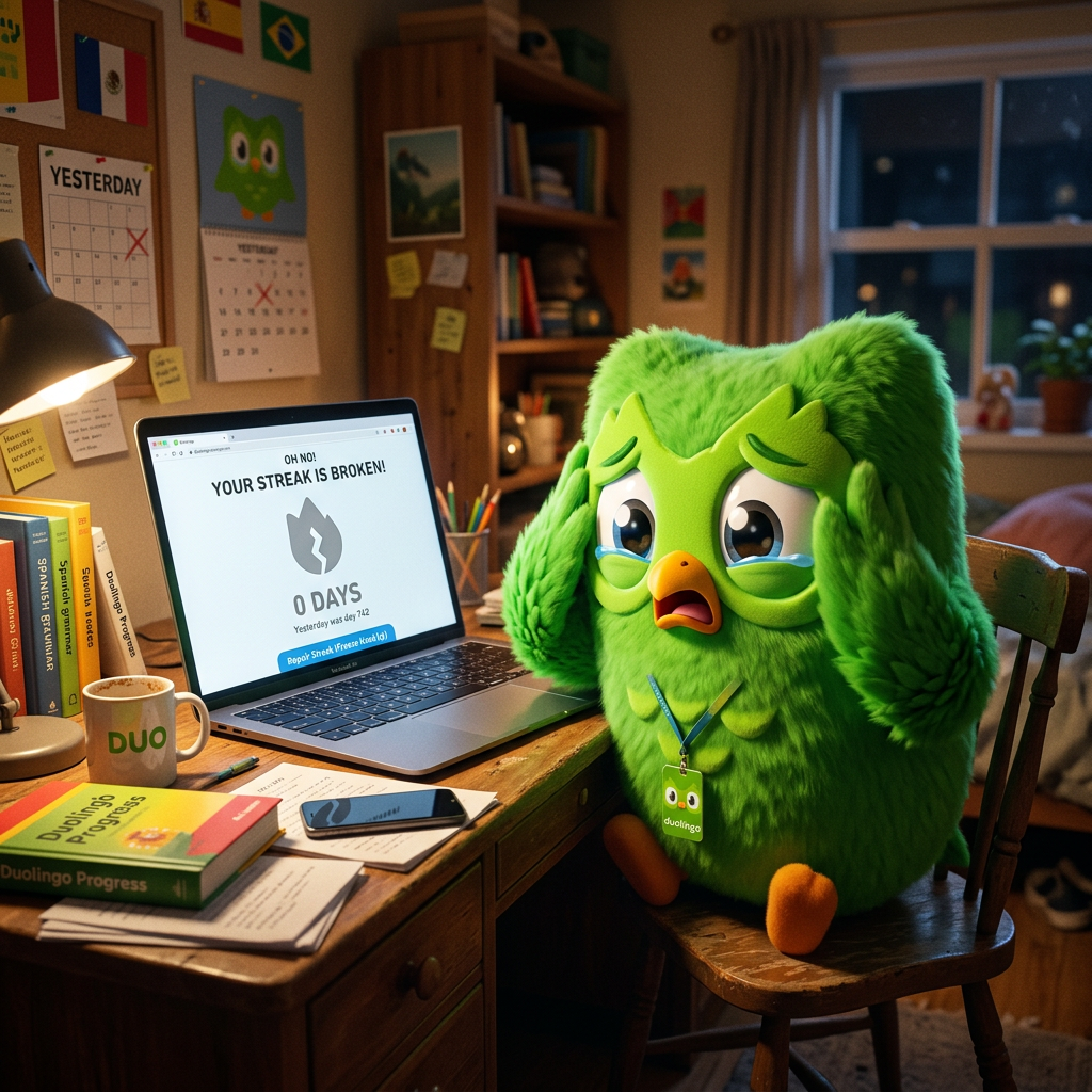 Sad Duolingo owl mascot holding head next to laptop showing broken streak message