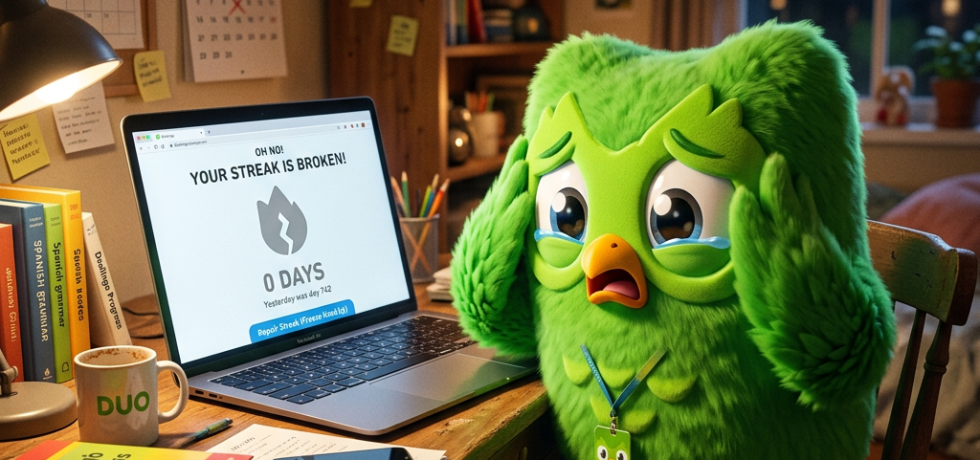 Sad Duolingo owl mascot holding head next to laptop showing broken streak message