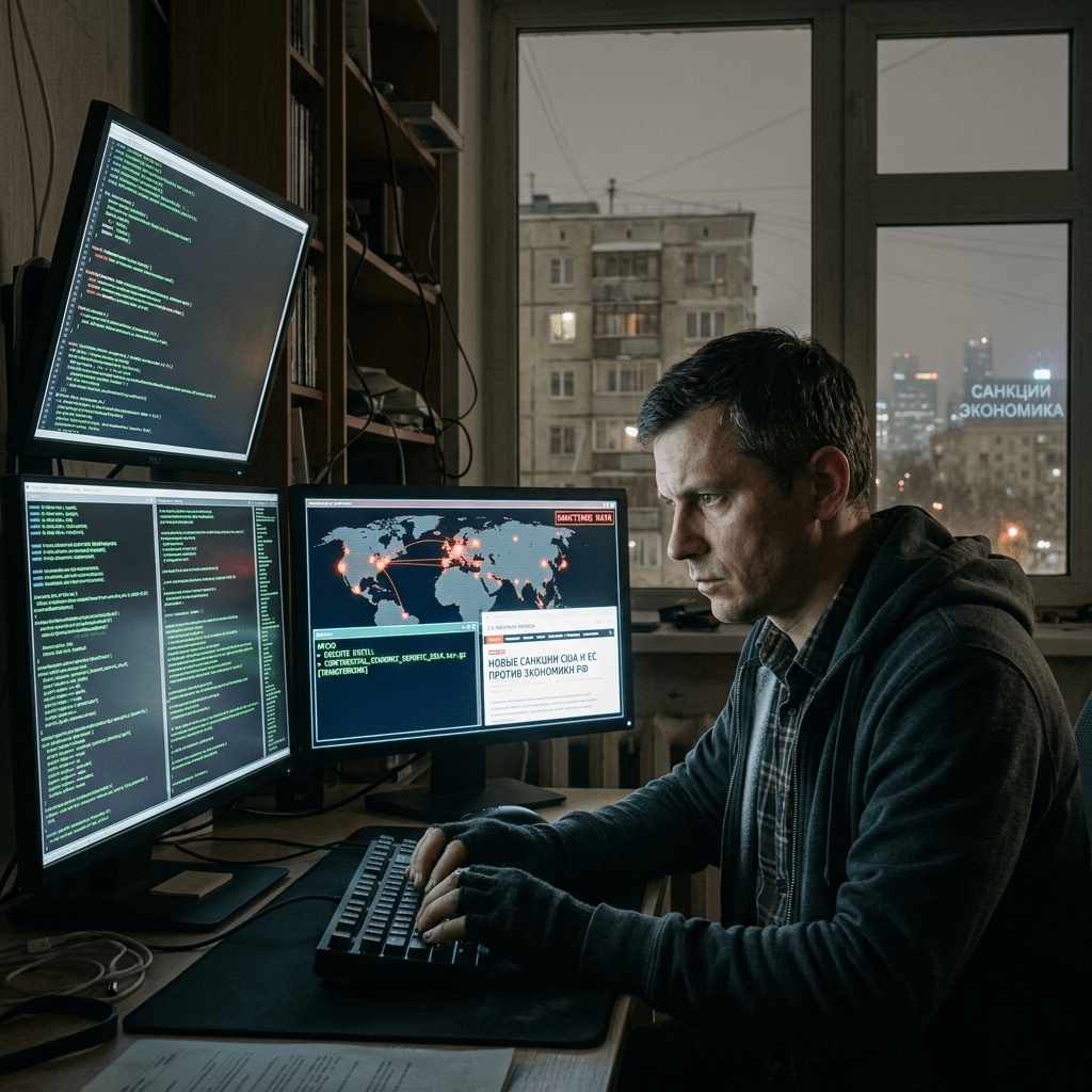 Man at desk with multiple monitors showing code and world map with cyber threat points