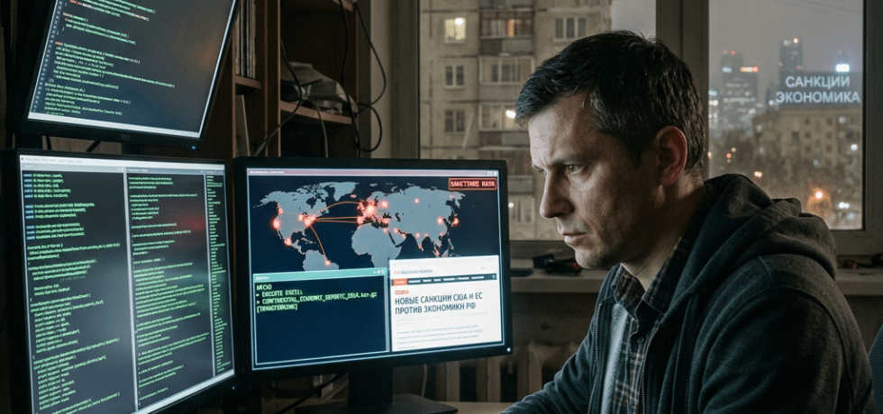 Man at desk with multiple monitors showing code and world map with cyber threat points