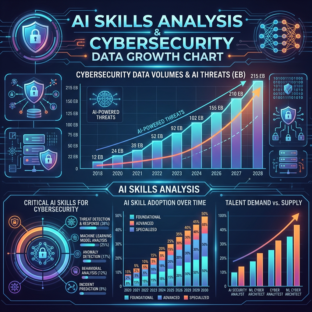 Cybersecurity data growth chart with AI-powered threats and AI skills analysis including critical skills, adoption over time, and talent demand vs supply