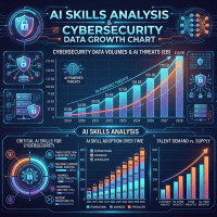 Cybersecurity data growth chart with AI-powered threats and AI skills analysis including critical skills, adoption over time, and talent demand vs supply