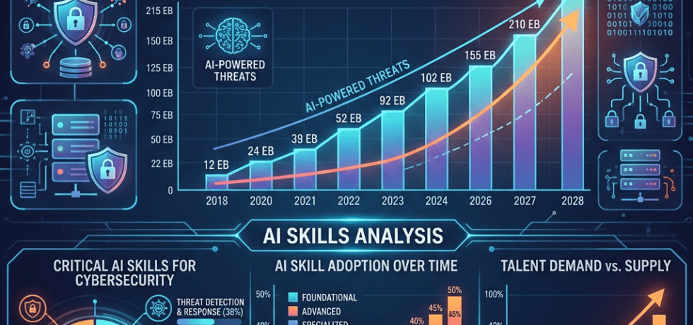 Cybersecurity data growth chart with AI-powered threats and AI skills analysis including critical skills, adoption over time, and talent demand vs supply