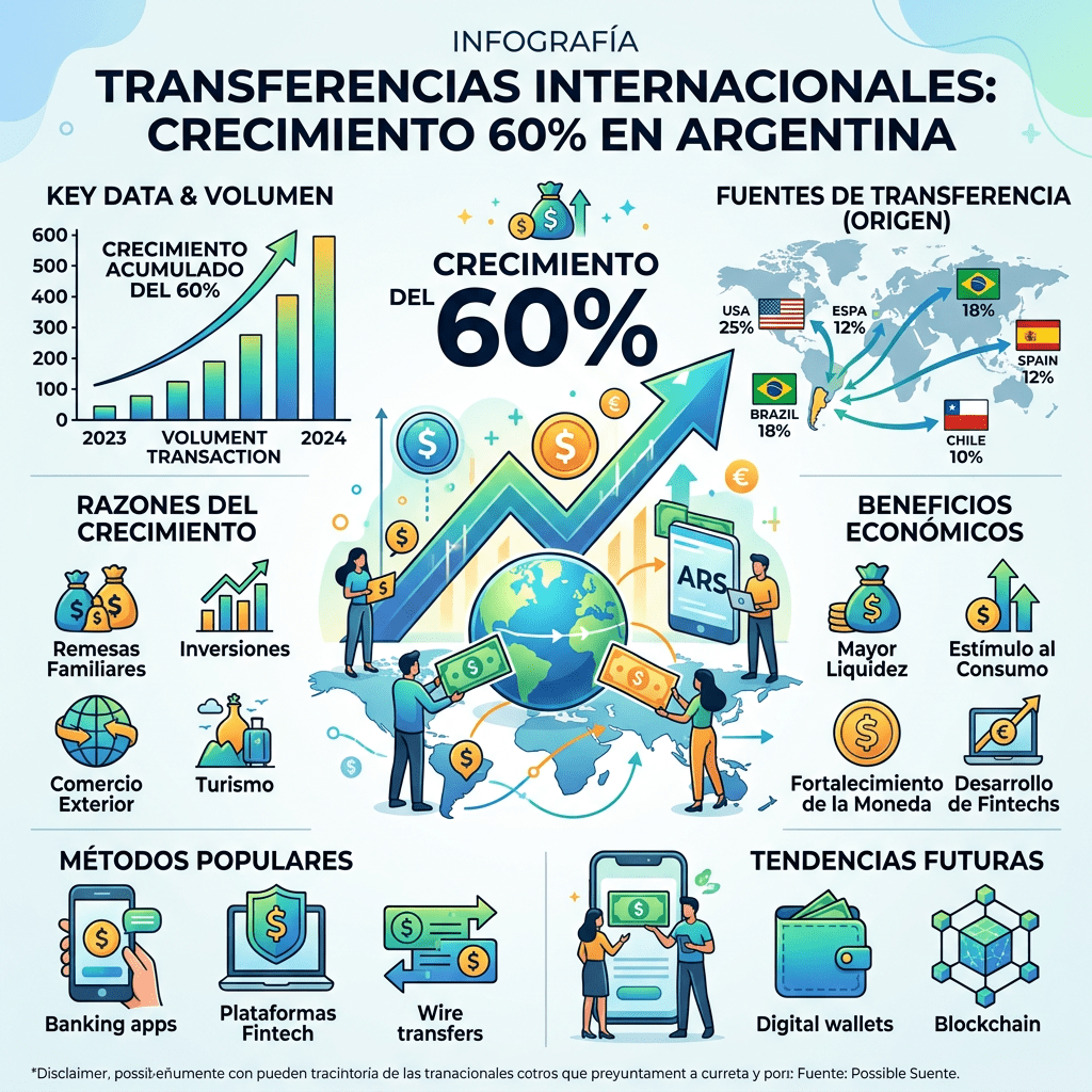 Infographic detailing 60 percent growth in international transfers to Argentina including key data, reasons, sources, benefits, popular methods, and future trends