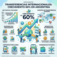 Infographic detailing 60 percent growth in international transfers to Argentina including key data, reasons, sources, benefits, popular methods, and future trends