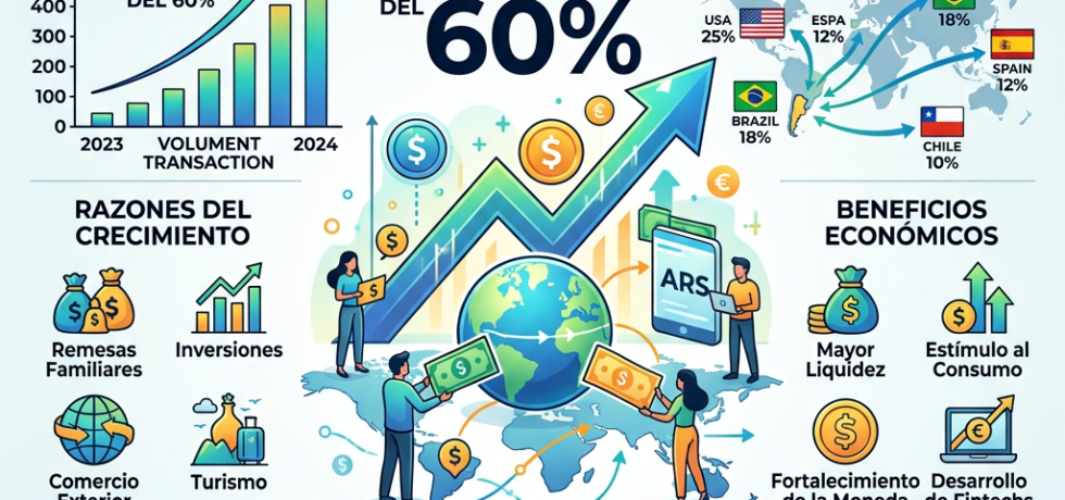Infographic detailing 60 percent growth in international transfers to Argentina including key data, reasons, sources, benefits, popular methods, and future trends