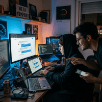 Two programmers working together at a desk with multiple screens showing code and chat messages