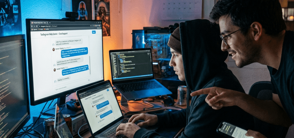Two programmers working together at a desk with multiple screens showing code and chat messages