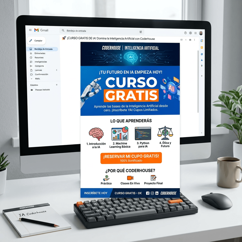Email screen showing a free AI course offer from Coderhouse including course topics and registration details.