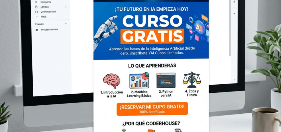 Email screen showing a free AI course offer from Coderhouse including course topics and registration details.