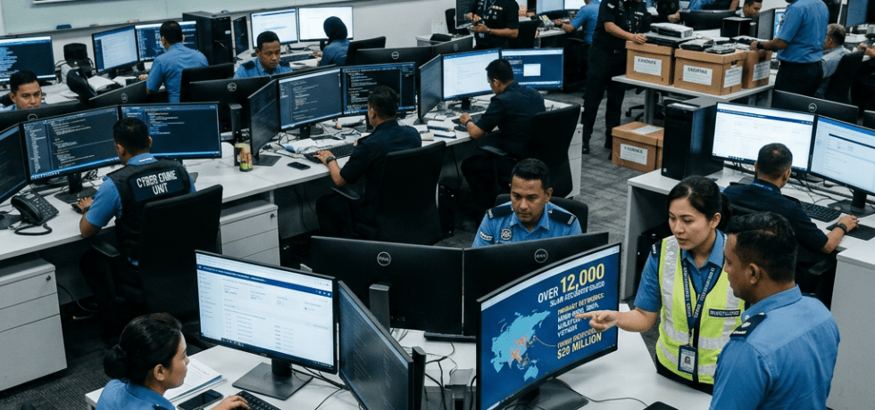 Team of cybersecurity officers working in an operations room to combat fraud and scam accounts across Asia