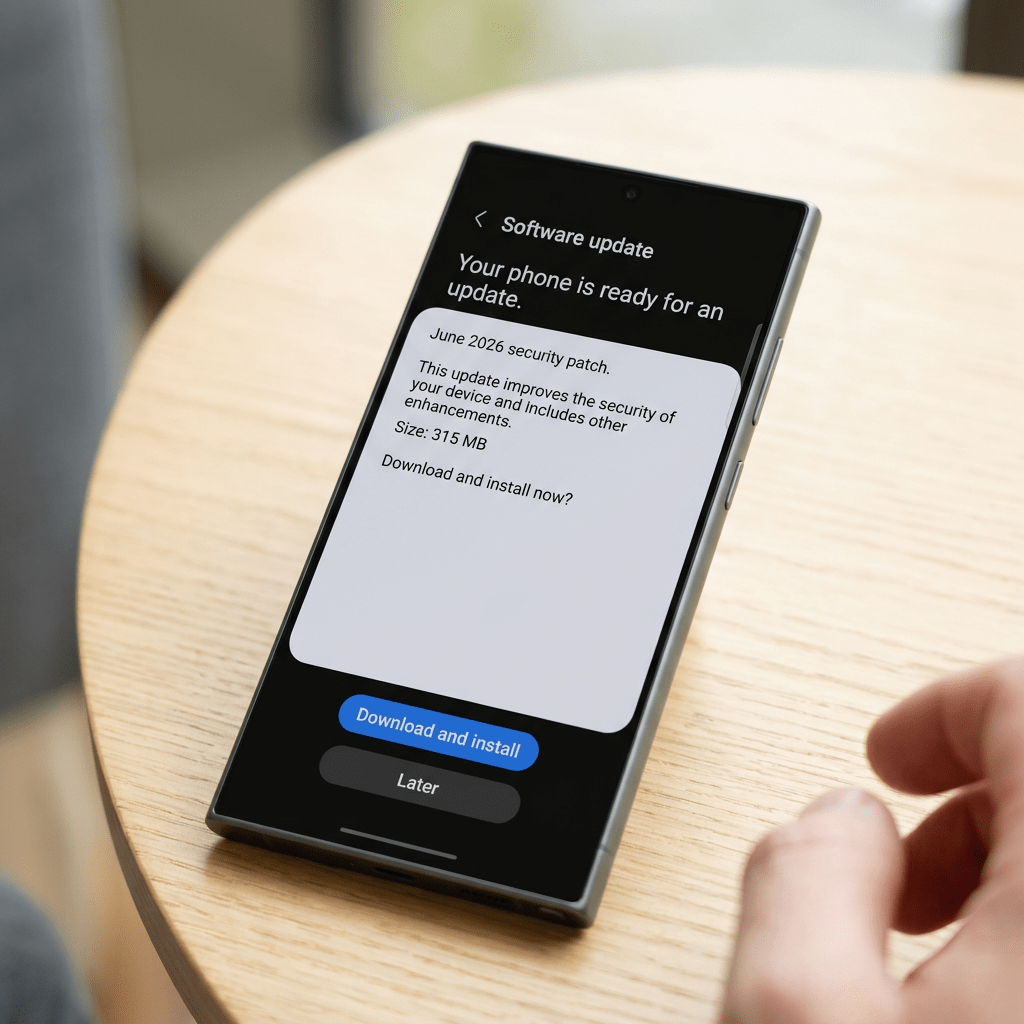 Smartphone showing software update notification for June 2026 security patch with download options