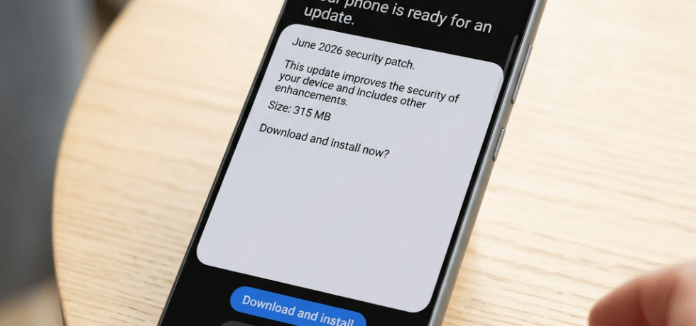 Smartphone showing software update notification for June 2026 security patch with download options