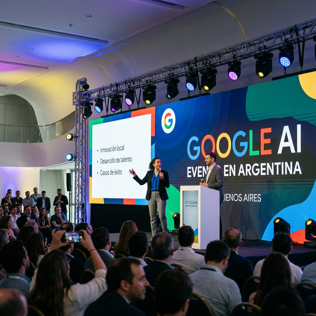Two speakers on stage presenting at Google AI event in Buenos Aires with audience
