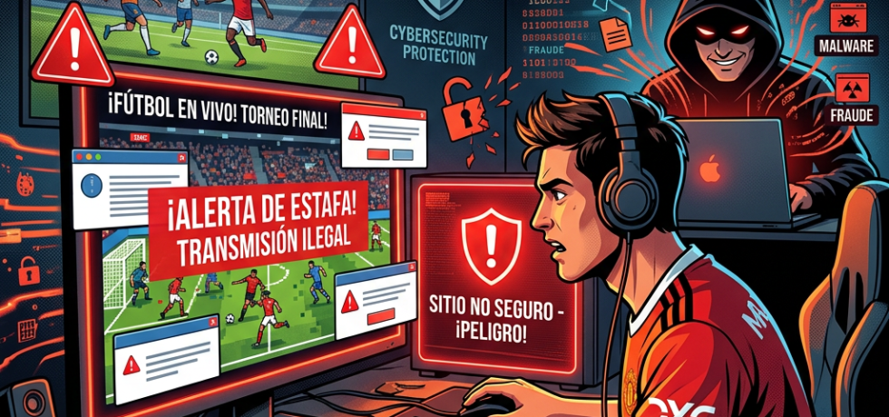 Alert about illegal football streaming scams with warnings of phishing, malware, and fraud.