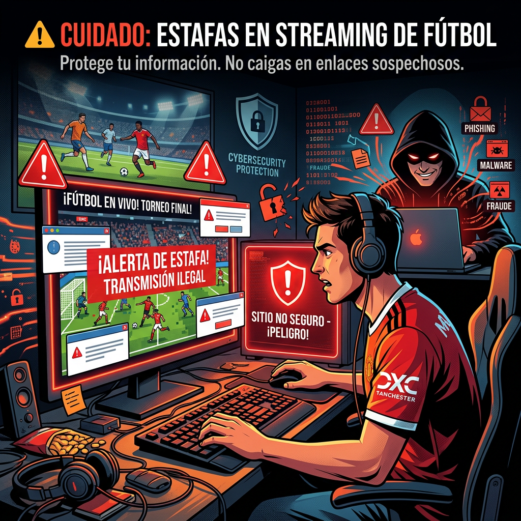 Alert about illegal football streaming scams with warnings of phishing, malware, and fraud.