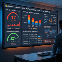 Dashboard displaying Microsoft’s critical security vulnerabilities, compliance score, and update deployment status