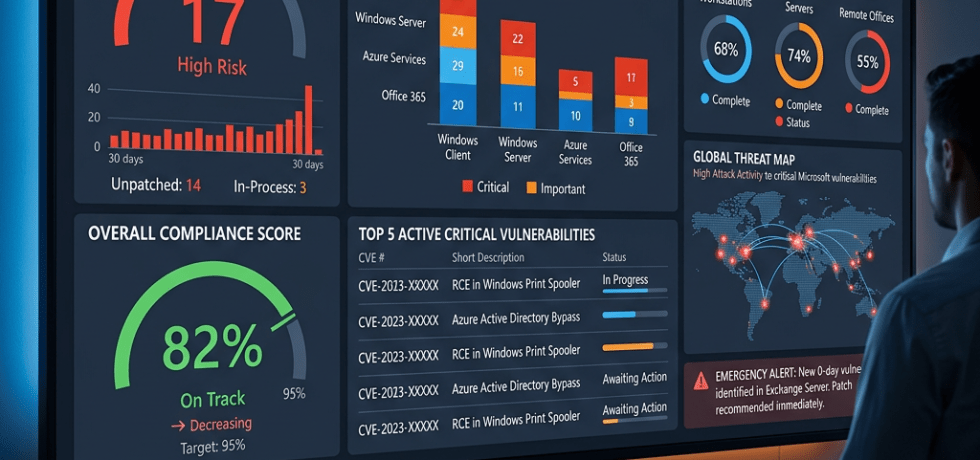 Dashboard displaying Microsoft’s critical security vulnerabilities, compliance score, and update deployment status