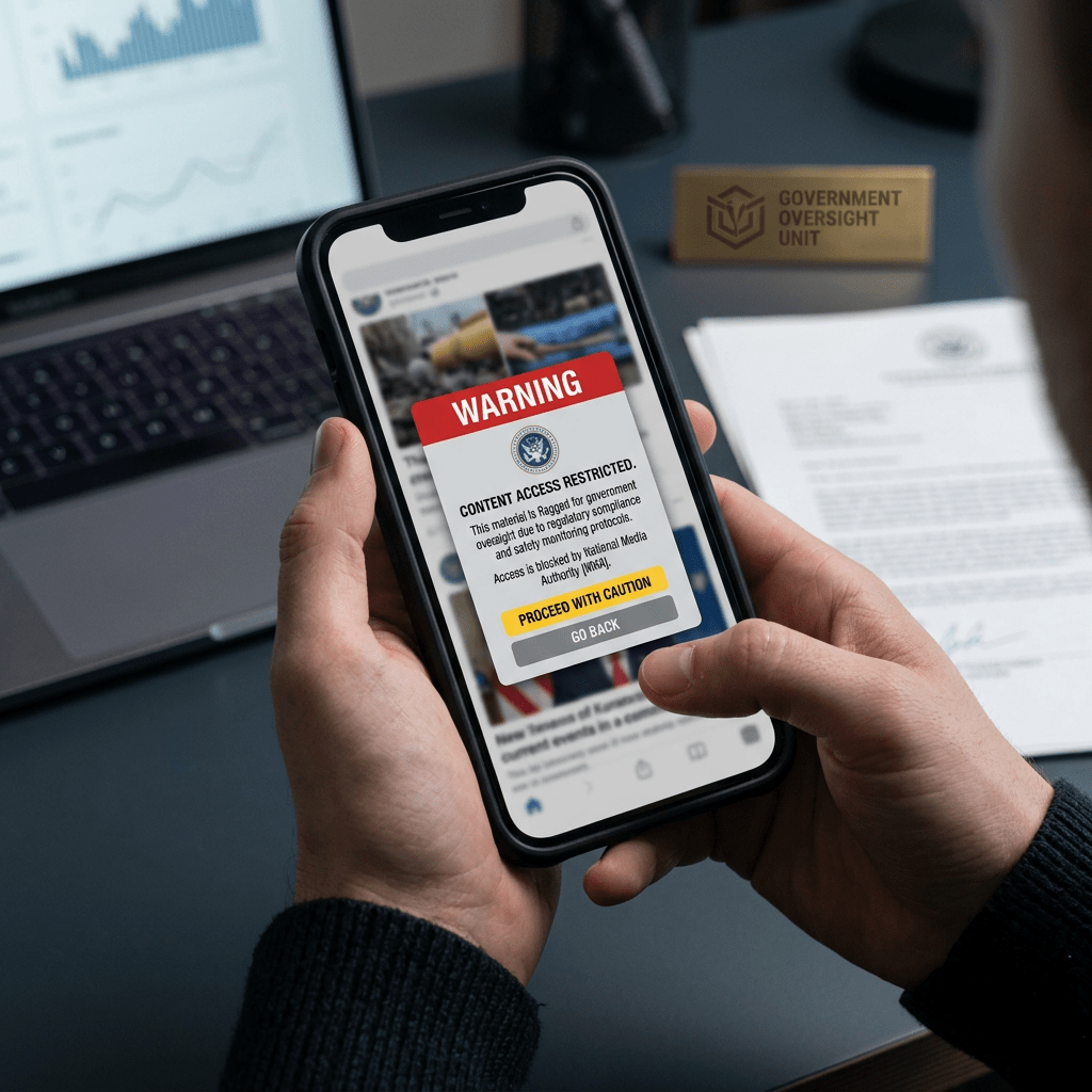 Mobile phone showing warning of restricted content access by government oversight unit