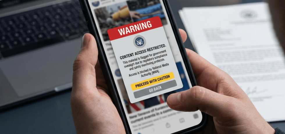 Mobile phone showing warning of restricted content access by government oversight unit